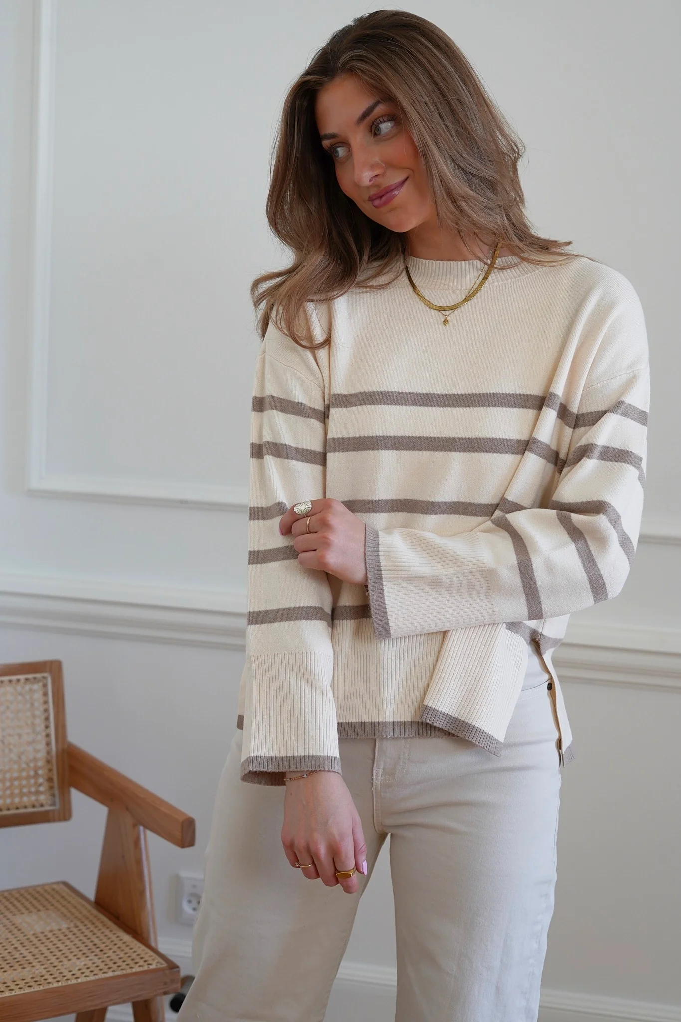 VMSaba LS Oneck Stripe Pullover - Birch With Silver Mink - Image 4