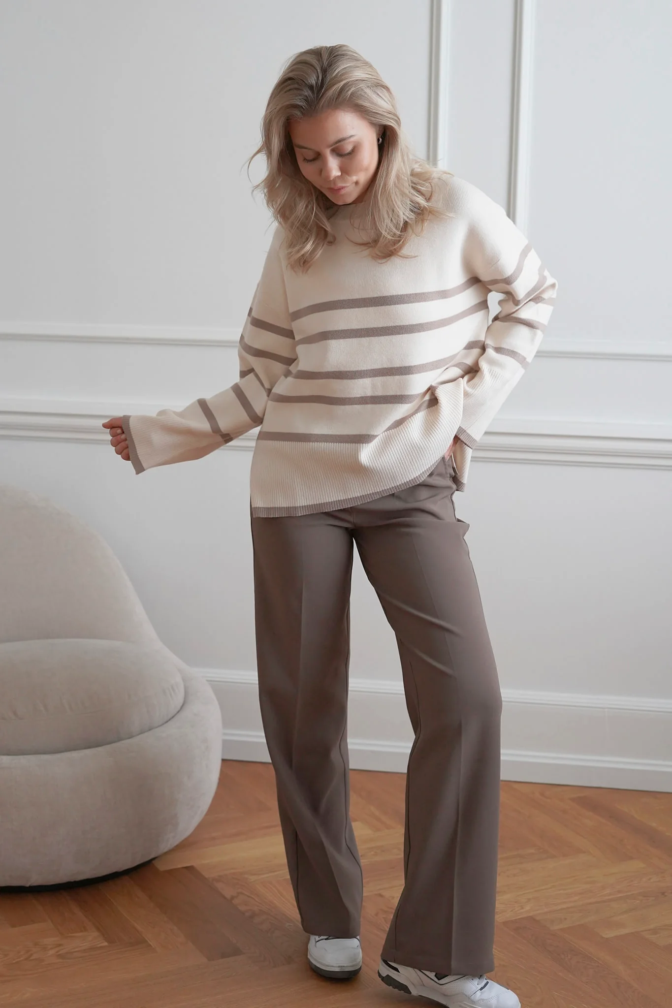 VMSaba LS Oneck Stripe Pullover - Birch With Silver Mink - Image 5