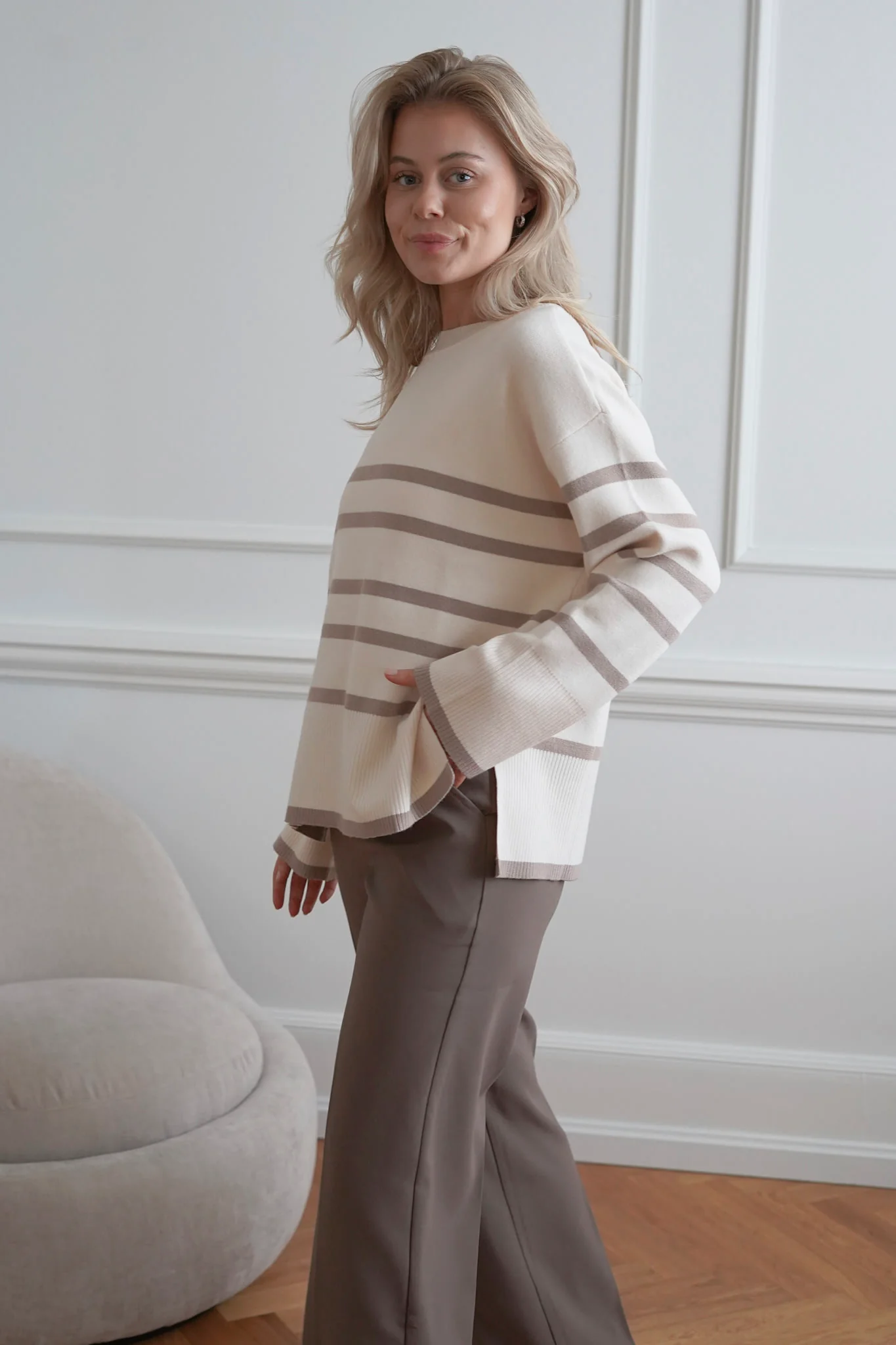 VMSaba LS Oneck Stripe Pullover - Birch With Silver Mink - Image 6