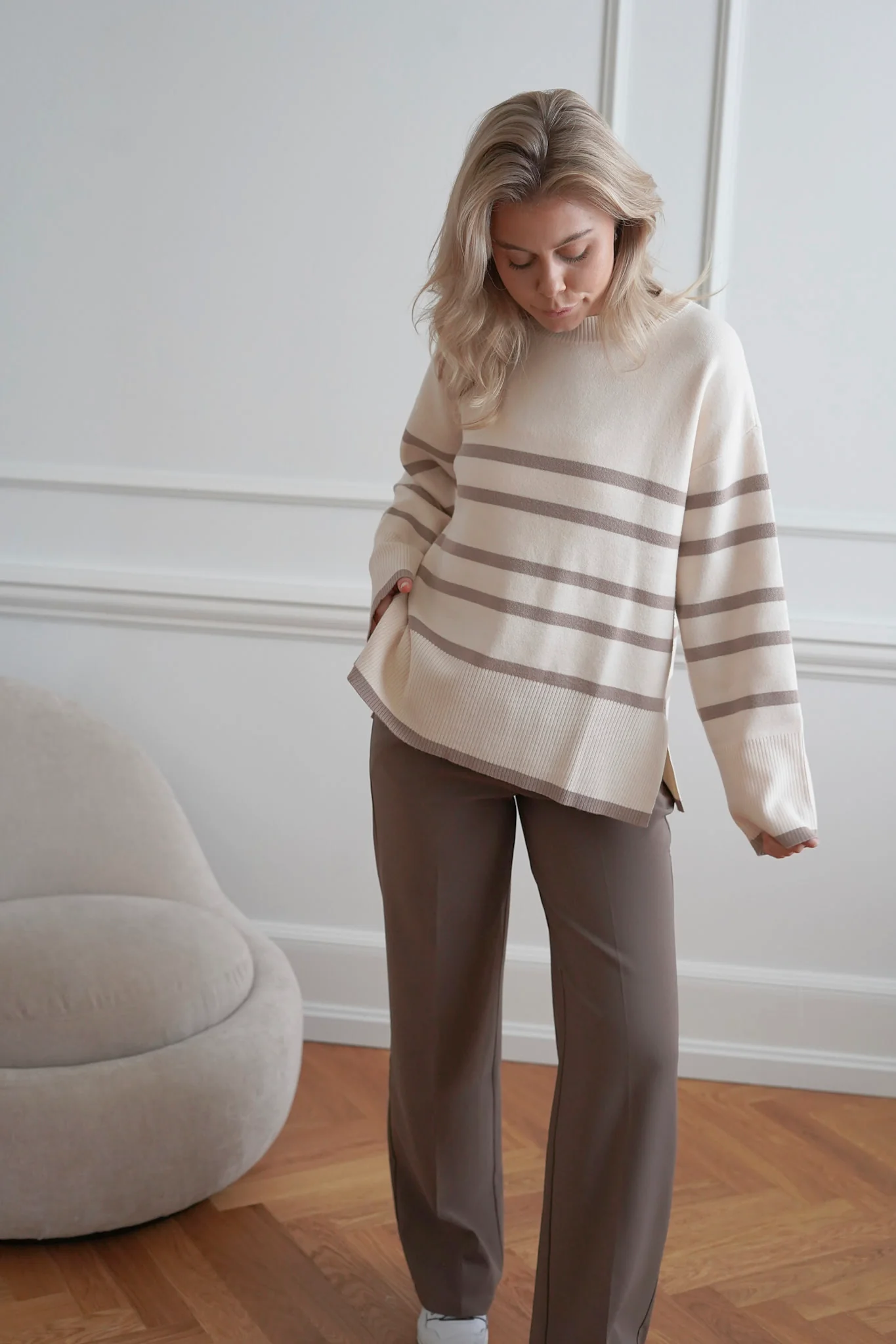 VMSaba LS Oneck Stripe Pullover - Birch With Silver Mink - Image 8
