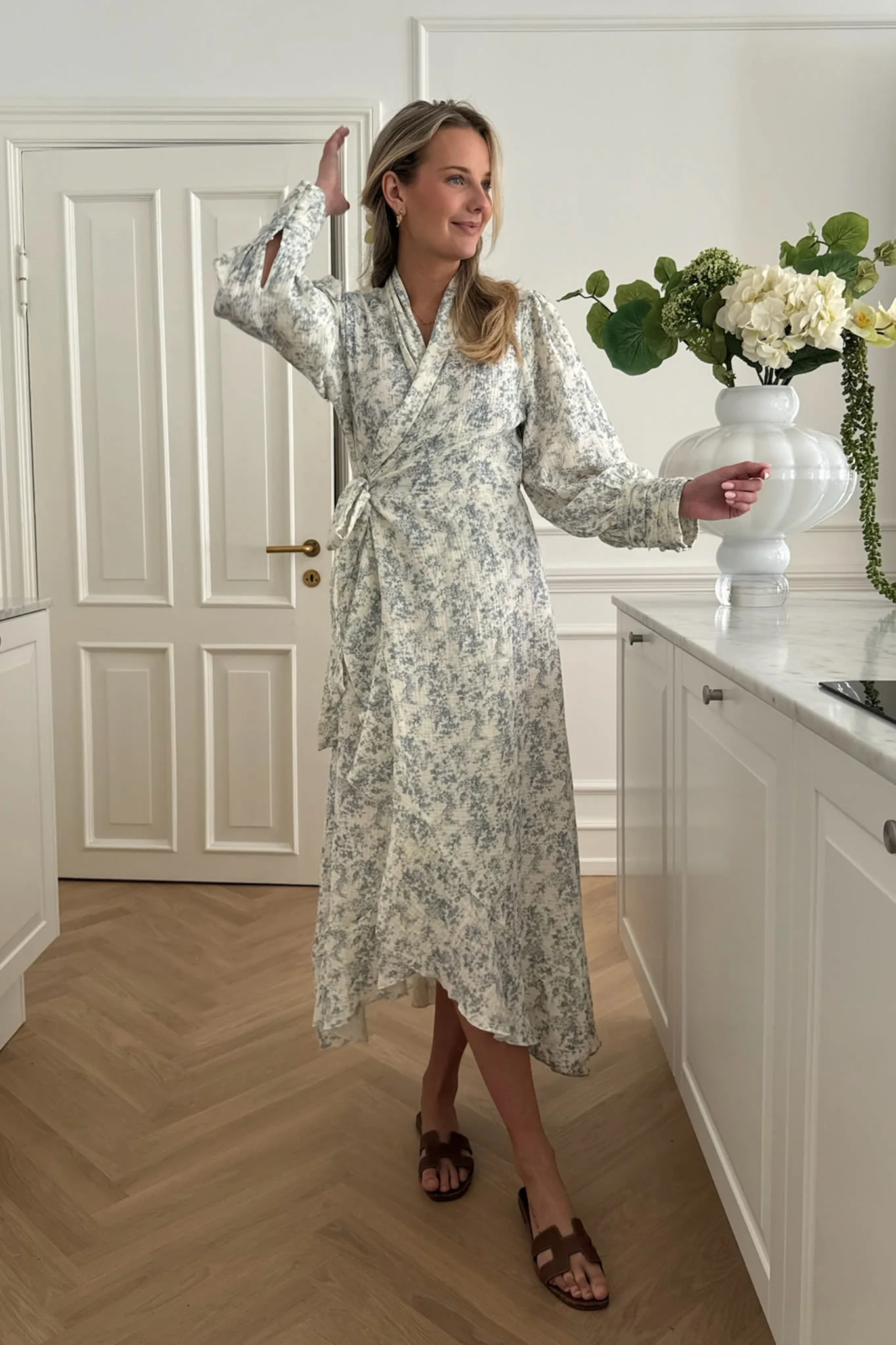 SigneIC Long Wrap Dress - White Blue Print - Image 3