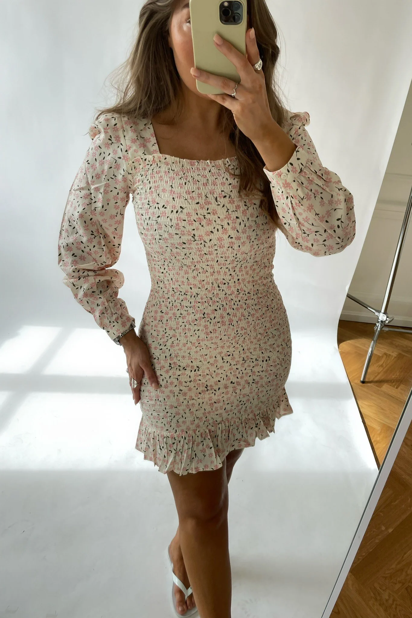 NMTone LS Square Neck Smock Dress - Eggnog Pink Flowers - Image 2
