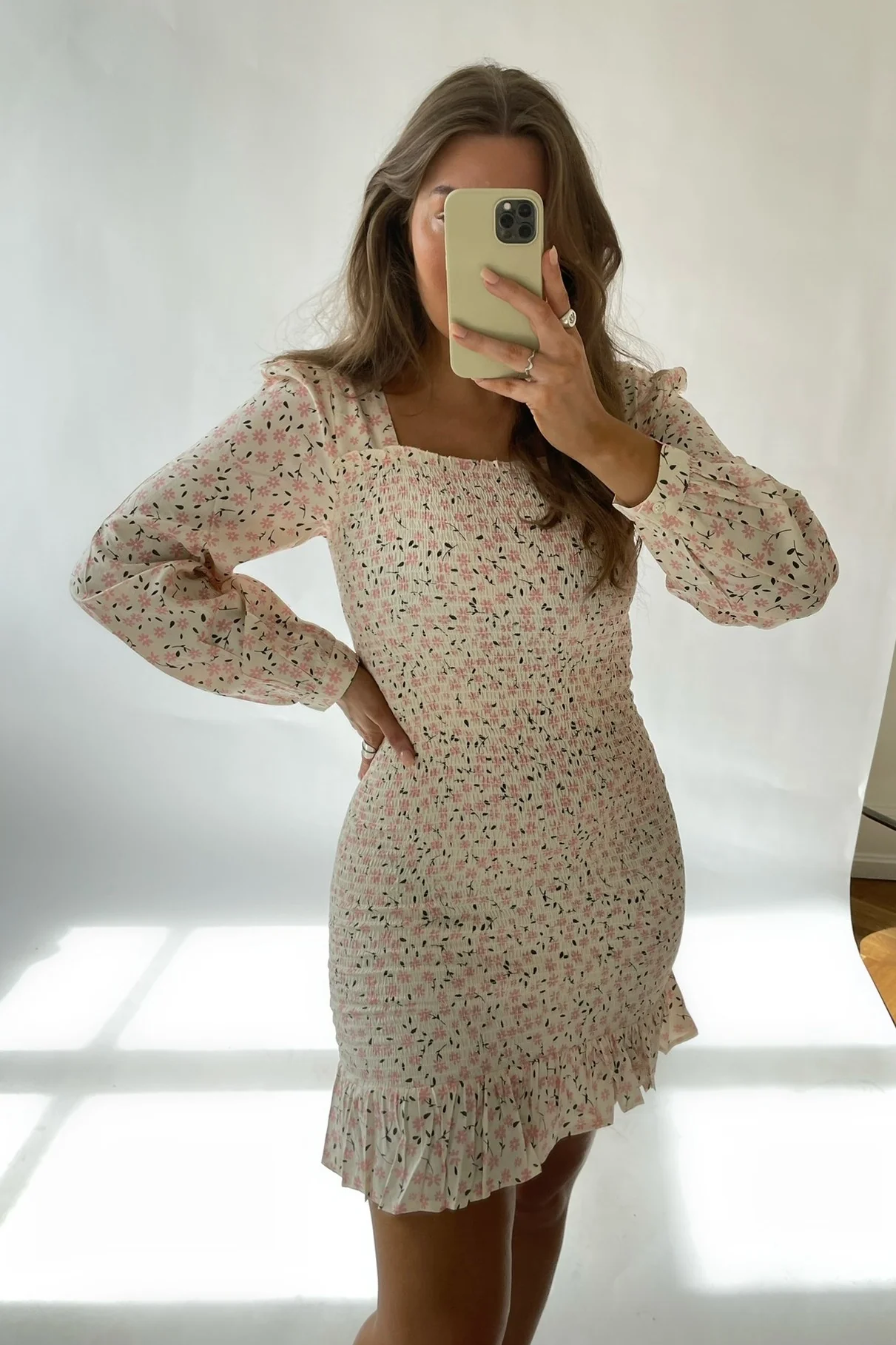 NMTone LS Square Neck Smock Dress - Eggnog Pink Flowers - Image 3